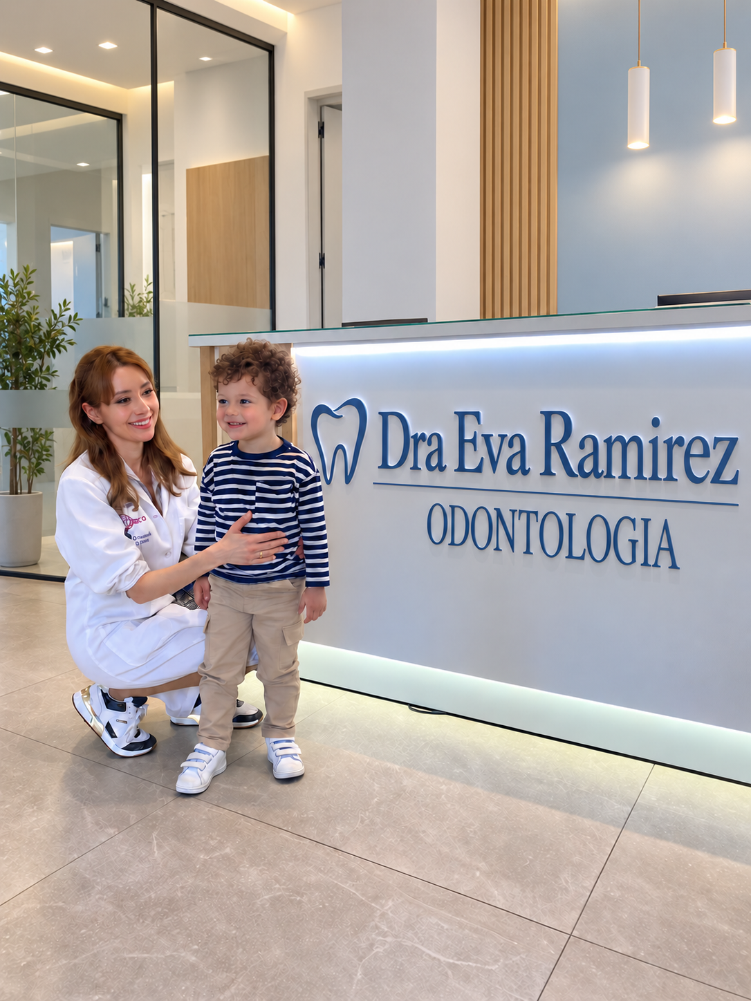 Eva Ramírez junto a un niño de rostro ficticio, con el rótulo Dra Eva Ramirez